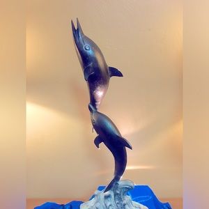 Two Dolphin Bronze sculpture.  20” high, vintage Dolphins dancing on a wave.